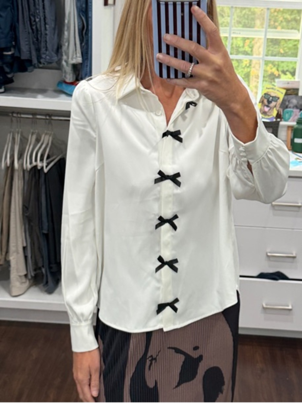 Women's White Button-Down Blouse with Black Bow Accents